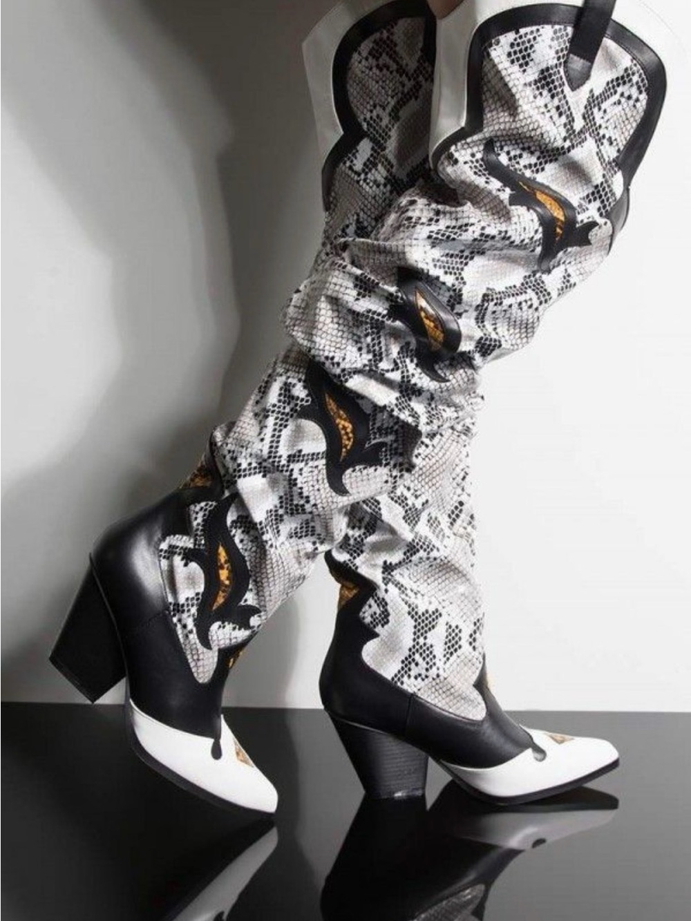 Lemon White, Black & Gold Snake-Print Knee Boots